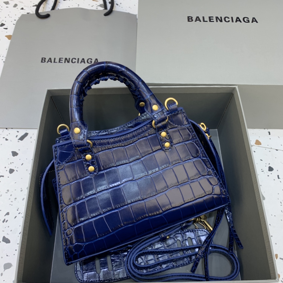 Balenciaga Neo Classic Mini Handbag Crocodile Embossed Shoulder Bag Blue